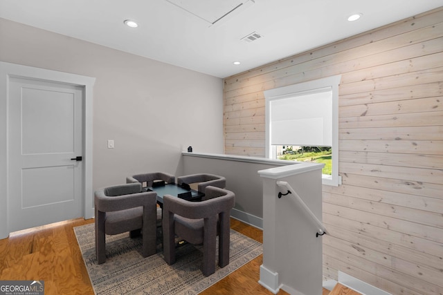 24 Harrison Ln, Blue Ridge, GA 30513 - dining room featuring wood finished floors, wooden walls, visible vents, and recessed lighting