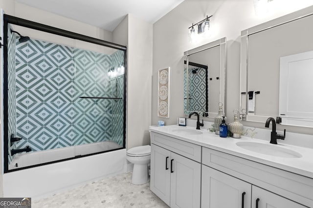 24 Harrison Ln, Blue Ridge, GA 30513 - bathroom with bath / shower combo with glass door, double vanity, a sink, and toilet