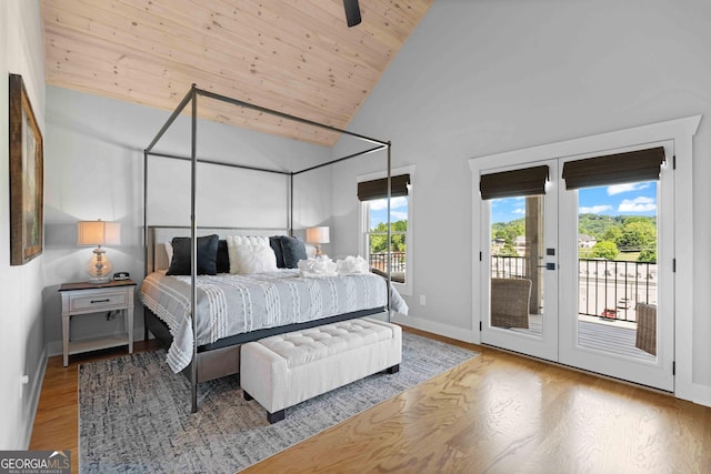 24 Harrison Ln, Blue Ridge, GA 30513 - bedroom with baseboards, access to exterior, high vaulted ceiling, wood ceiling, and wood finished floors