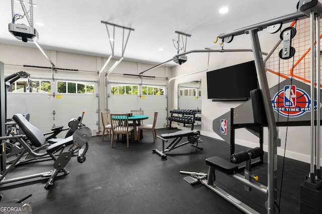 24 Harrison Ln, Blue Ridge, GA 30513 - exercise room with a garage, baseboards, and recessed lighting