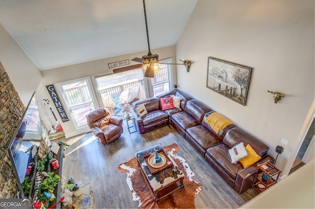 667 Cardinal Dr, Monticello, GA 31064 - living area featuring high vaulted ceiling, wood finished floors, and ceiling fan