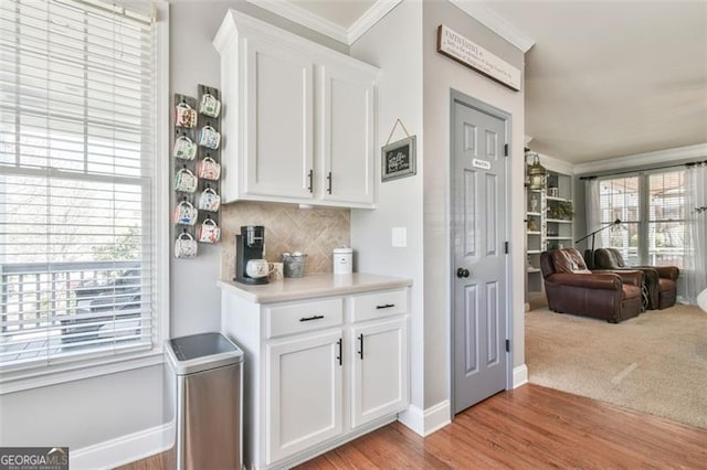 5753 Porch Swing Pl, Hoschton, GA 30548 - bar featuring backsplash, crown molding, and light wood-style flooring