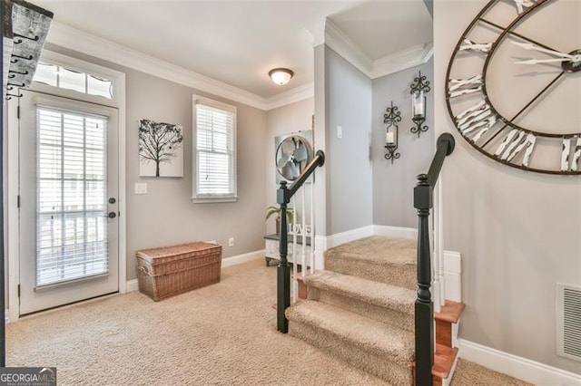 5753 Porch Swing Pl, Hoschton, GA 30548 - carpeted foyer featuring crown molding and stairway