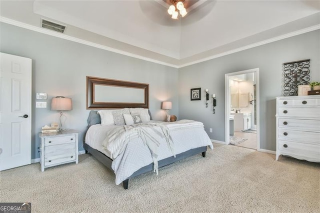 5753 Porch Swing Pl, Hoschton, GA 30548 - bedroom with light carpet, ornamental molding, ceiling fan, and connected bathroom