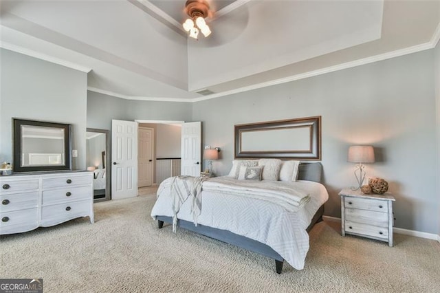 5753 Porch Swing Pl, Hoschton, GA 30548 - carpeted bedroom featuring baseboards, crown molding, a high ceiling, and ceiling fan