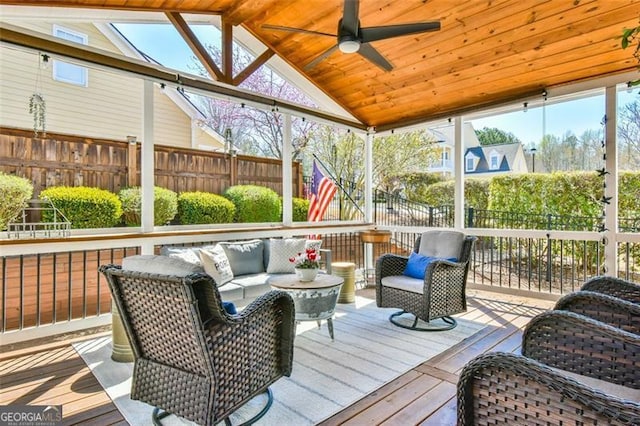 5753 Porch Swing Pl, Hoschton, GA 30548 - sunroom / solarium with an outdoor hangout area, vaulted ceiling, healthy amount of natural light, and ceiling fan