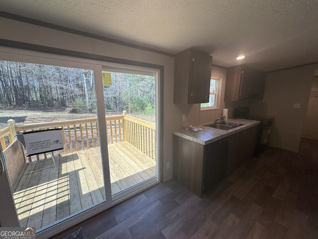 247 Hidden Valley Dr, Alto, GA 30510 - kitchen with a textured ceiling, dark wood-style floors, a sink, and electric stove