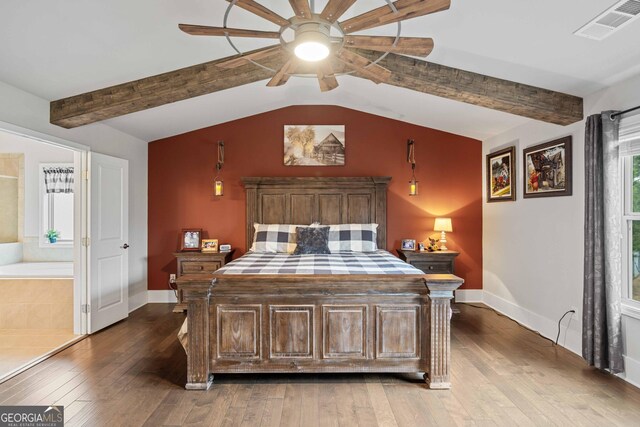 4030 Amberhill Cir, Cumming, GA 30040 - bedroom with vaulted ceiling with beams, light wood-type flooring, visible vents, bar area, and beverage cooler