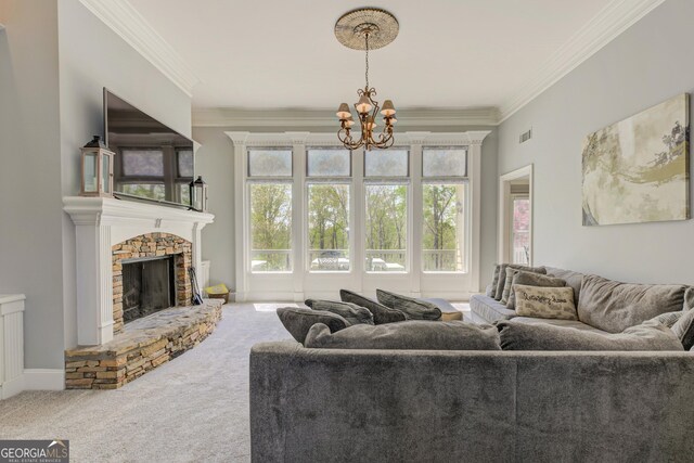 8155 Legends View Ct, Cumming, GA 30028 - carpeted living area featuring a chandelier, crown molding, and a stone fireplace