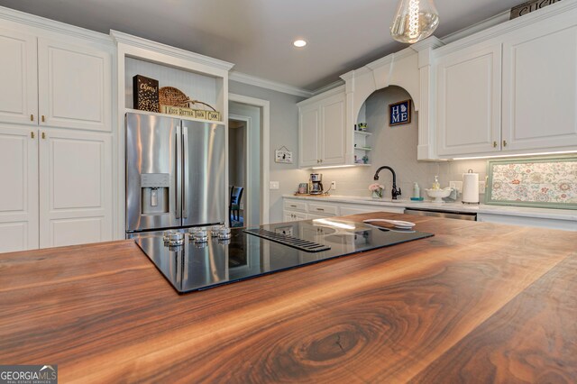 8155 Legends View Ct, Cumming, GA 30028 - kitchen with wooden counters, stainless steel refrigerator with ice dispenser, open shelves, white cabinets, and recessed lighting