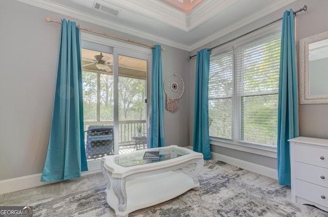 8155 Legends View Ct, Cumming, GA 30028 - sitting room featuring crown molding, baseboards, and ceiling fan