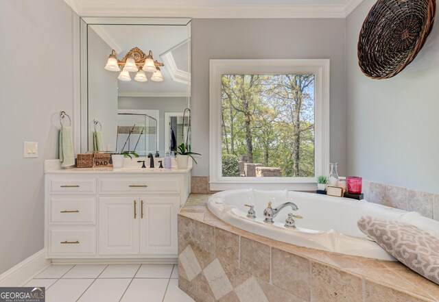 8155 Legends View Ct, Cumming, GA 30028 - bathroom featuring crown molding, vanity, a garden tub, a chandelier, and tile patterned floors
