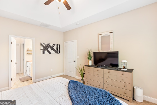275 Cedars Glen Cir, Villa Rica, GA 30180 - bedroom featuring light colored carpet, lofted ceiling, ensuite bathroom, baseboards, and ceiling fan