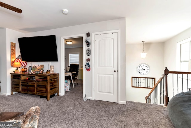 living area with baseboards and carpet flooring