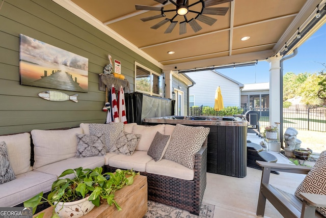 view of patio / terrace featuring outdoor lounge area, a ceiling fan, and fence