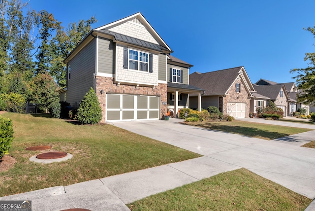 craftsman-style home featuring driveway, stone siding, a front lawn, and a garage