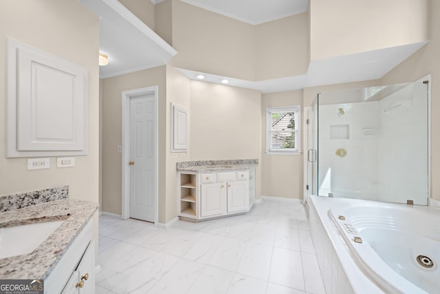 full bathroom with a bath, two vanities, a sink, marble finish floor, and a shower stall