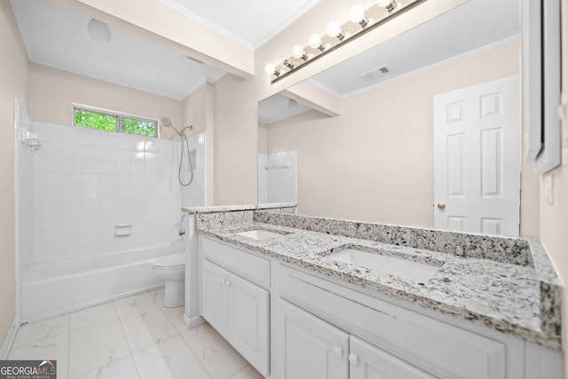 full bathroom with double vanity, visible vents, toilet, ornamental molding, and a sink