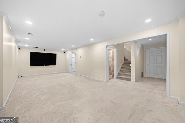 basement with recessed lighting, stairway, baseboards, and light carpet