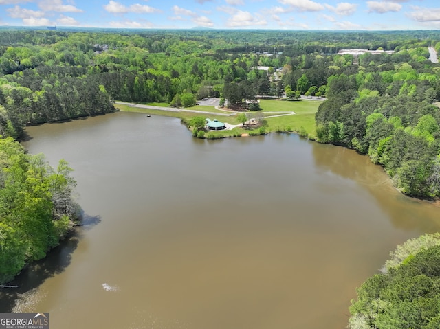 birds eye view of property featuring a view of trees and a water view