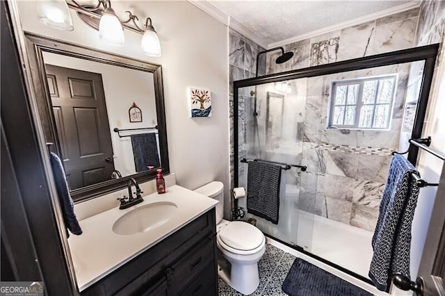 1006 Chestnut Cove Trl, Jasper, GA 30143 - bathroom with toilet, vanity, crown molding, a stall shower, and a textured ceiling