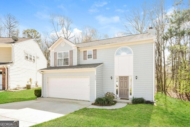 3543 Benthollow Way, Duluth, GA 30096 - traditional-style house featuring a front yard, roof with shingles, concrete driveway, a chimney, and a garage