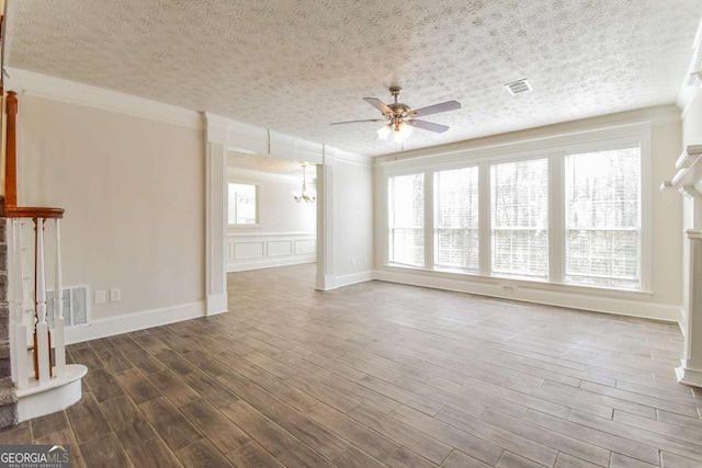 3543 Benthollow Way, Duluth, GA 30096 - unfurnished living room with dark wood finished floors, ceiling fan with notable chandelier, visible vents, and a textured ceiling