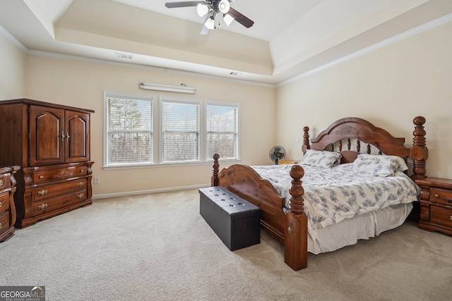 2220 Stirling Bridge Rd, Cumming, GA 30041 - bedroom with light colored carpet, ornamental molding, visible vents, and a raised ceiling