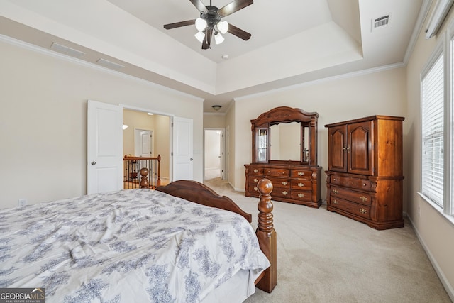 2220 Stirling Bridge Rd, Cumming, GA 30041 - bedroom featuring a tray ceiling, multiple windows, light colored carpet, and visible vents
