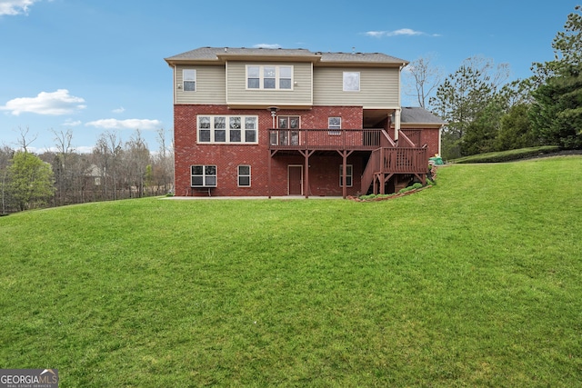 2220 Stirling Bridge Rd, Cumming, GA 30041 - rear view of house featuring brick siding, a yard, and a wooden deck