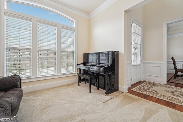2220 Stirling Bridge Rd, Cumming, GA 30041 - living area with a decorative wall, a wainscoted wall, carpet floors, and crown molding