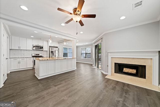 3465 Maple Valley Dr, Cumming, GA 30040 - kitchen with appliances with stainless steel finishes, crown molding, open floor plan, white cabinetry, and a ceiling fan