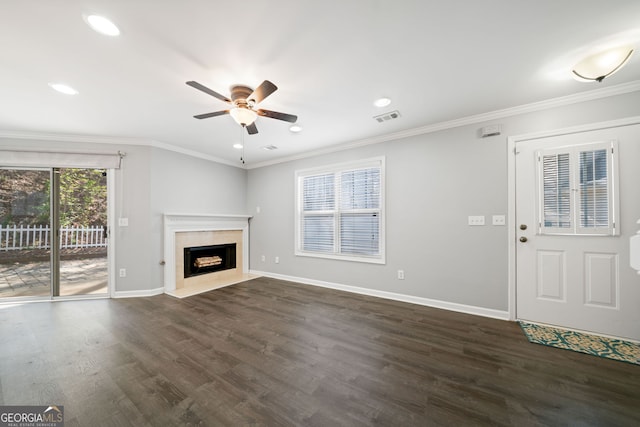 3465 Maple Valley Dr, Cumming, GA 30040 - unfurnished living room featuring a ceiling fan, dark wood-type flooring, recessed lighting, a premium fireplace, and crown molding