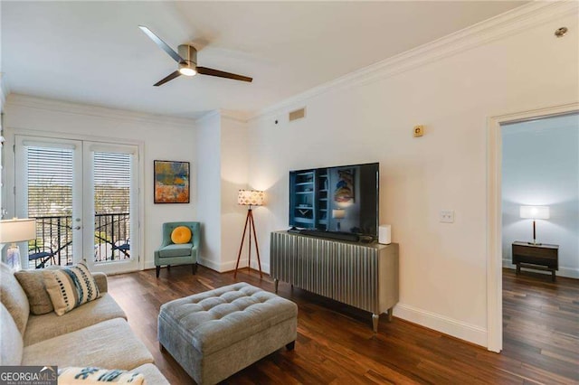 2277 Peachtree Rd NE Unit 608, Atlanta, GA 30309 - living area featuring ceiling fan, ornamental molding, and wood finished floors