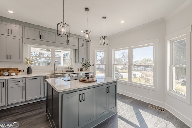 kitchen with light countertops, a sink, gray cabinetry, and visible vents
