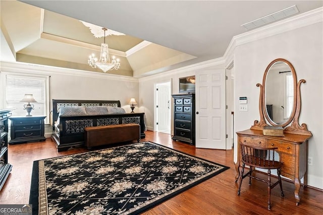 3795 Duckcove Way, Cumming, GA 30041 - bedroom featuring a chandelier, a tray ceiling, multiple windows, and crown molding