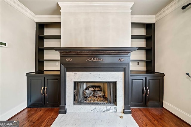 3795 Duckcove Way, Cumming, GA 30041 - unfurnished living room with a high end fireplace, dark wood-style floors, ornamental molding, and baseboards
