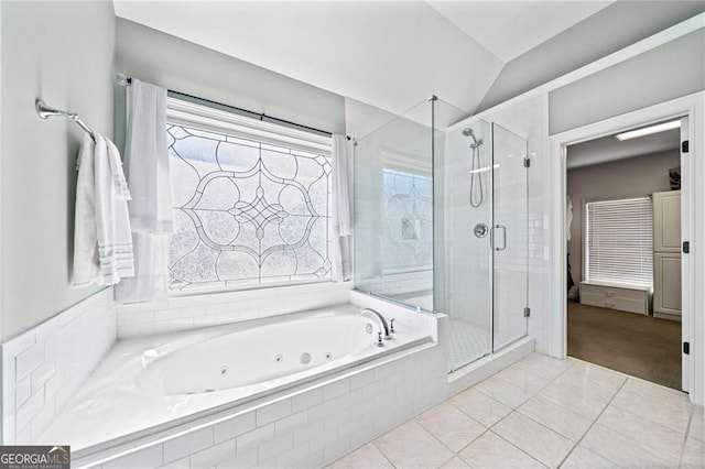 3795 Duckcove Way, Cumming, GA 30041 - full bath featuring a shower stall, a whirlpool tub, lofted ceiling, and tile patterned floors