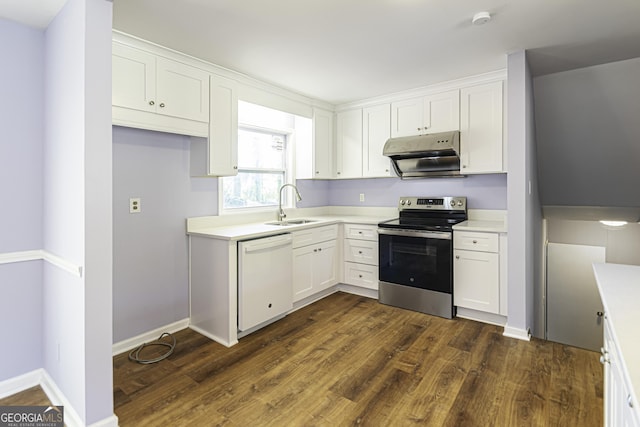 2666 Frontier Trl, Atlanta, GA 30341 - kitchen featuring a sink, dark wood-style flooring, white dishwasher, under cabinet range hood, and electric stove