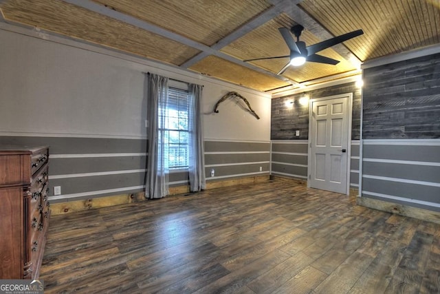 interior space with a wainscoted wall, wood finished floors, a ceiling fan, coffered ceiling, and wood ceiling