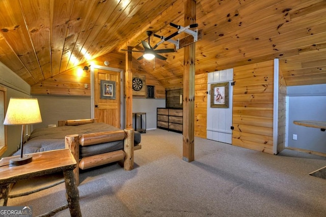 carpeted bedroom with vaulted ceiling, wooden walls, and wood ceiling