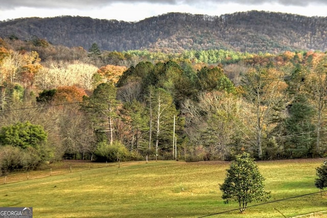 mountain view featuring a forest view