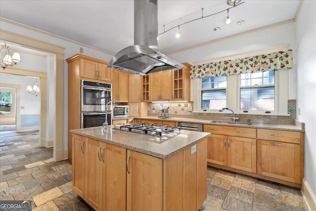 2265 E Lake Rd NE, Atlanta, GA 30307 - kitchen featuring stone tile flooring, appliances with stainless steel finishes, a sink, island range hood, and a center island