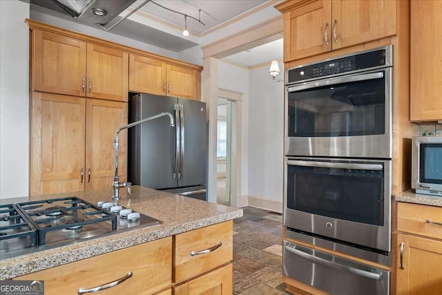 2265 E Lake Rd NE, Atlanta, GA 30307 - kitchen with ornamental molding, a warming drawer, light stone counters, and appliances with stainless steel finishes