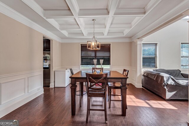 dining room featuring a wainscoted wall, beam ceiling, ornamental molding, dark wood-type flooring, and coffered ceiling