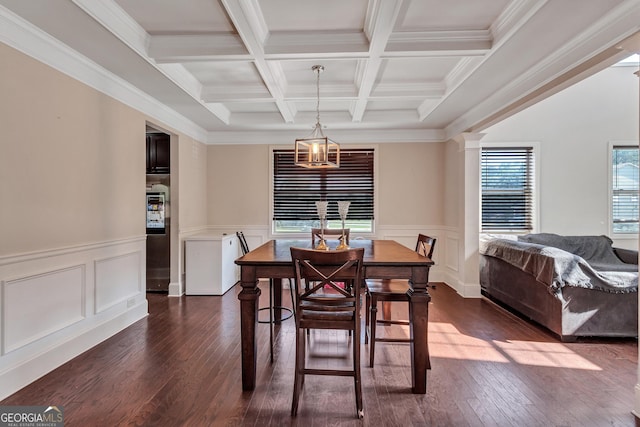 1606 Kenilworth Ln SE, Conyers, GA 30013 - dining space with dark wood finished floors, beamed ceiling, coffered ceiling, ornamental molding, and a wainscoted wall