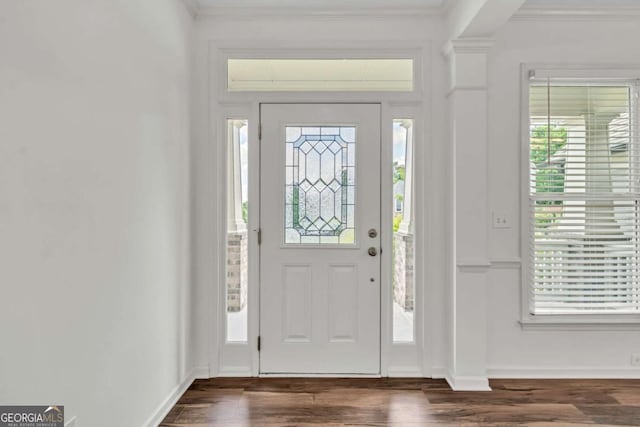 7503 Brookstone Cir, Flowery Branch, GA 30542 - entryway featuring dark wood-style flooring, a wealth of natural light, and ornamental molding