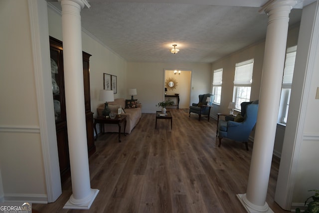 1848 Tenny Nelson Rd, Grantville, GA 30220 - living area with decorative columns, a textured ceiling, baseboards, and wood finished floors