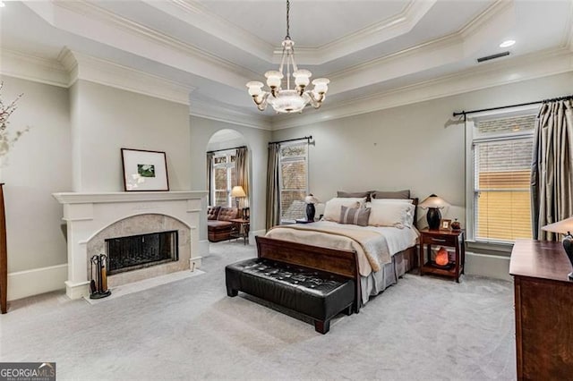 1109 Pine Grove Ave, Brookhaven, GA 30319 - bedroom featuring carpet, crown molding, a chandelier, arched walkways, and a high end fireplace