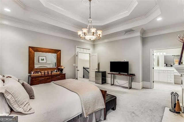 1109 Pine Grove Ave, Brookhaven, GA 30319 - bedroom featuring ornamental molding, a chandelier, light carpet, a tray ceiling, and connected bathroom